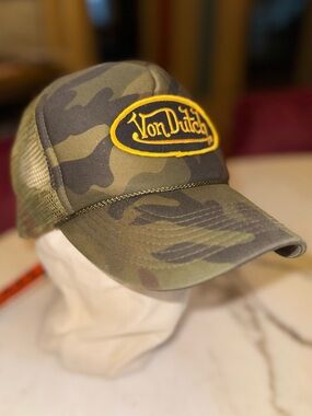 Von Dutch Camo Trucker Hat with Yellow Logo